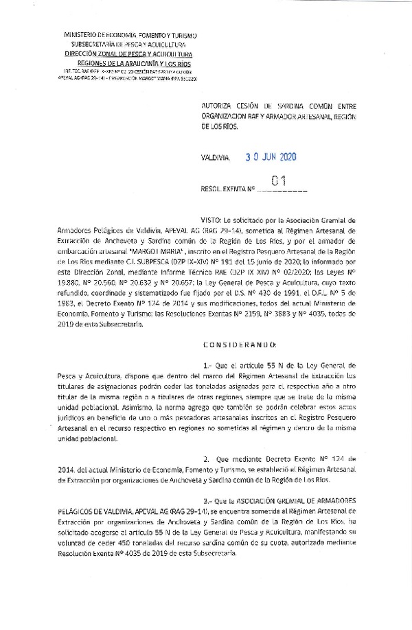 Res Ex N° 01-2020, (DZP La Araucanía y Los Ríos), Autoriza cesión Sardina Común Región de Los Ríos. (Publicado en Página Web 30-06-2020)