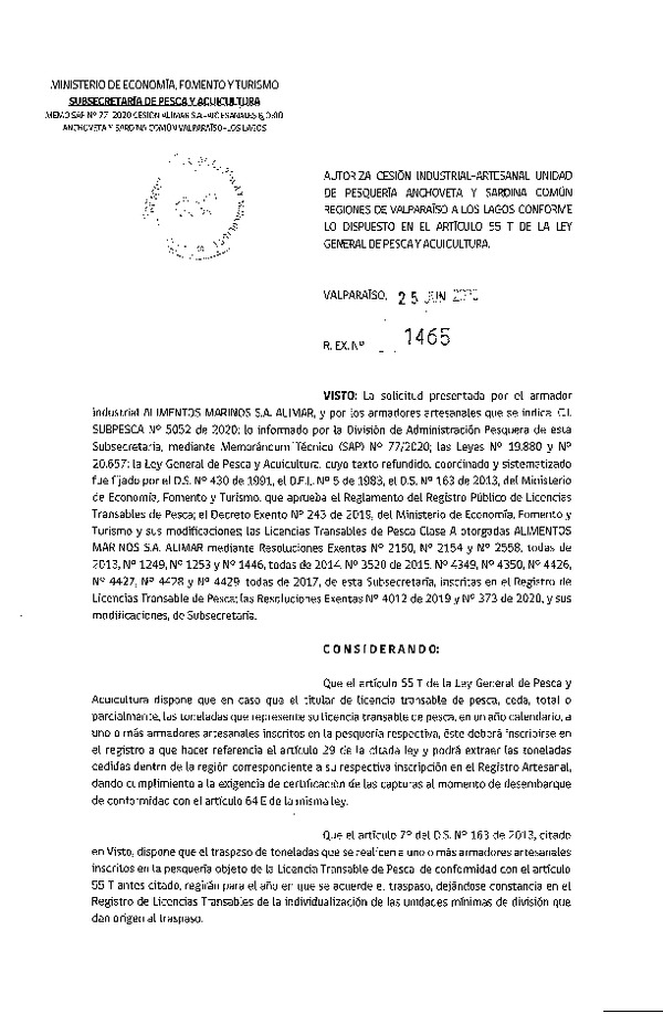 Res. Ex. N° 1465-2020 Autoriza Cesión anchoveta y sardina común Regiones Valparaíso-Los Lagos (Publicado en Página Web 02-07-2020).