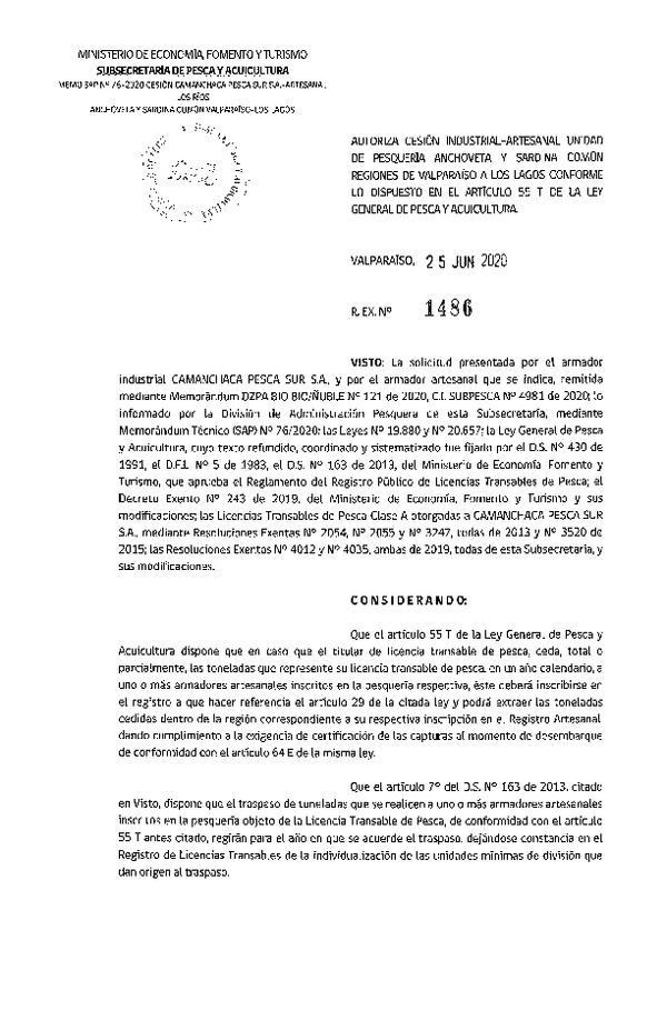 Res. Ex. N° 1486-2020 Autoriza Cesión anchoveta y sardina común Regiones Valparaíso-Los Lagos (Publicado en Página Web 02-07-2020).