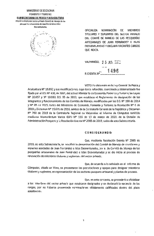 Res. Ex. N° 1496-2015 Oficializa Nominación Miembros del Comité de Manejo de Pesquería Artesanales de Juan Fernández e Islas Desventuradas. (Publicado en Página Web 02-07-2020)