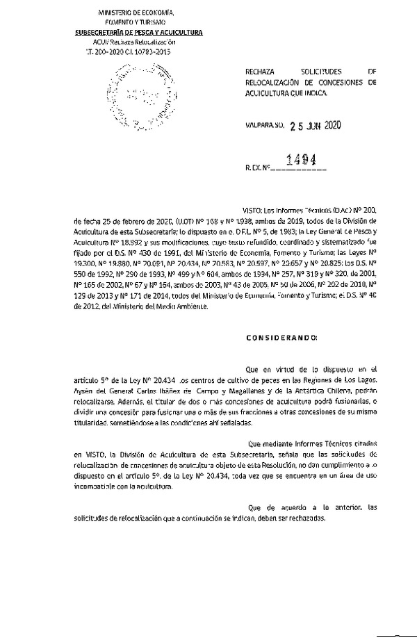 Res. Ex. N° 1494-2020 Rechaza solicitudes de relocalización de concesiones de acuicultura que indica.