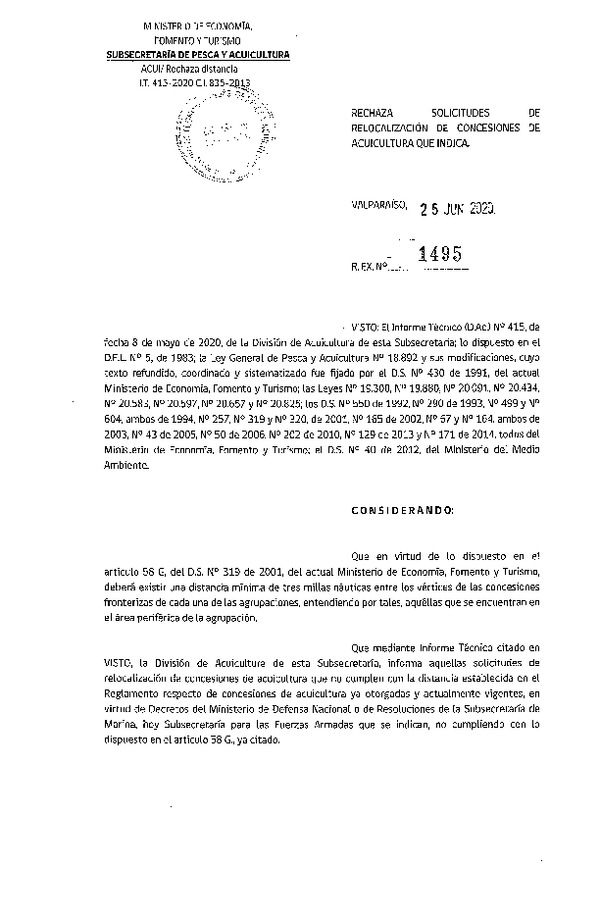 Res. Ex. N° 1495-2020 Rechaza solicitudes de relocalización de concesiones de acuicultura que indica.