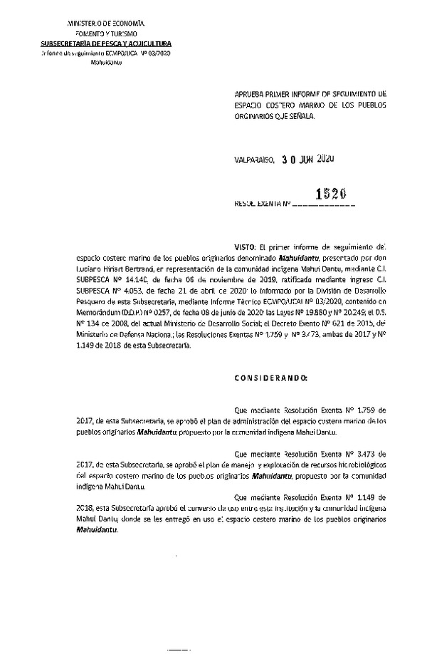 Res. Ex. N° 1520-2020 Aprueba primer informe de seguimiento ECMPO, Mahudantu. (Publicado en Página Web 03-07-2020)