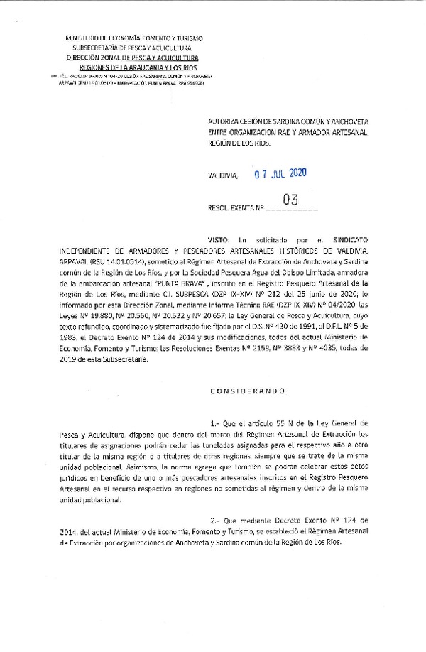 Res Ex N° 03-2020, (DZP La Araucanía y Los Ríos), Autoriza cesión Anchoveta y Sardina Común Región de Los Ríos. (Publicado en Página Web 07-07-2020)