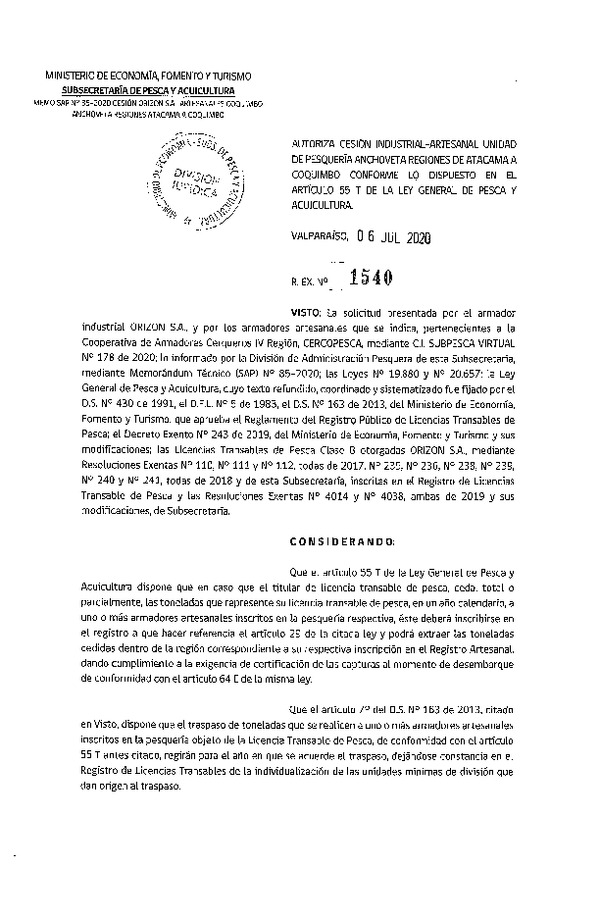Res. Ex. N° 1540-2020 Autoriza cesión pesquería Anchoveta, Regiones de Atacama a Coquimbo. (Publicado en Página Web 08-07-2020)