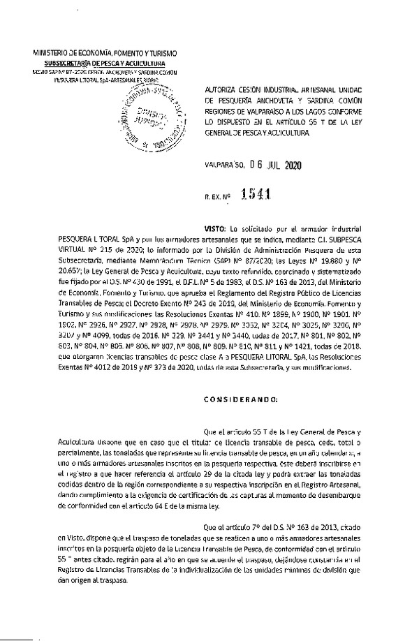 Res. Ex. N° 1541-2020 Autoriza Cesión anchoveta y sardina común Regiones Valparaíso-Los Lagos (Publicado en Página Web 08-07-2020).