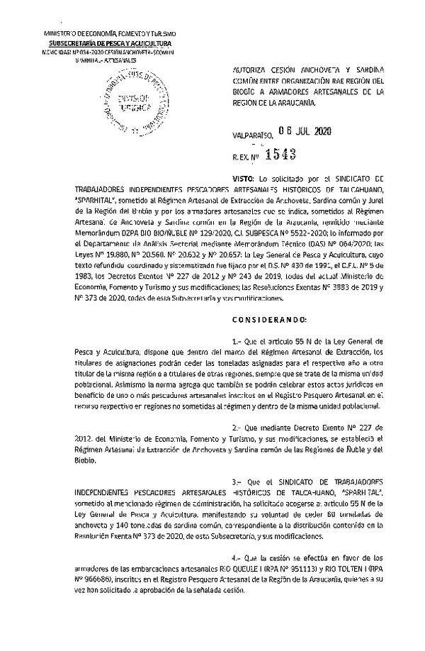 Res. Ex. N° 1543-2020 Autoriza cesión de Anchoveta y Sardina común Región del Biobío a Región de La Araucanía. (Publicado en Página Web 08-07-2020)