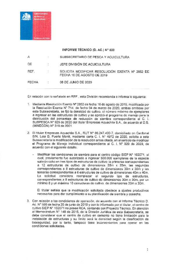 INFORME TÉCNICO (D.AC) Nº 523/08.06.2020 Modifica Res. Ex. 2852-2019. (Publicado en Página Web 13-07-2020)