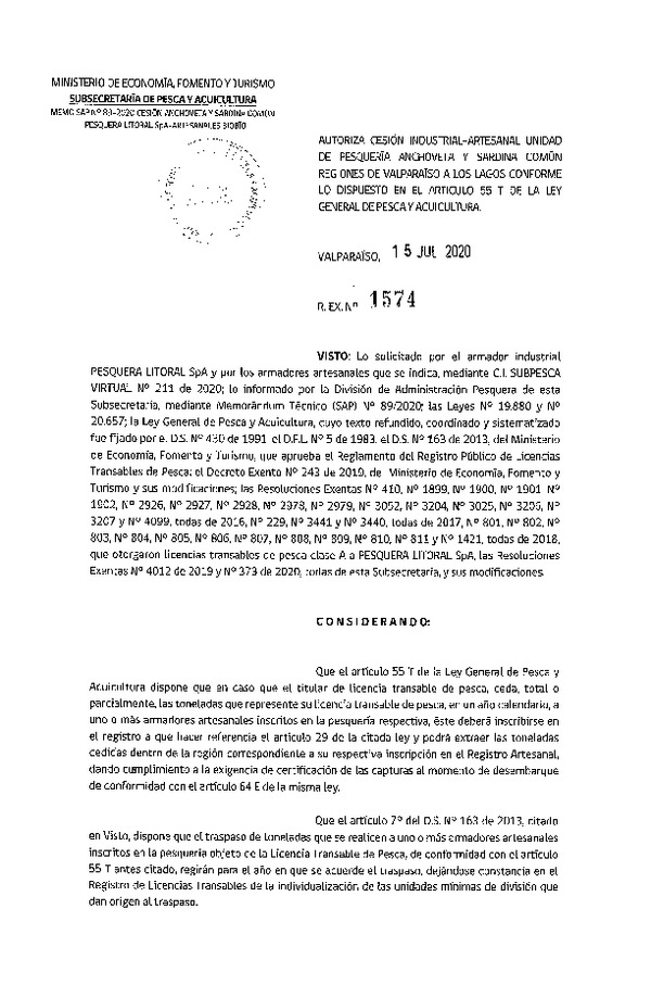 Res. Ex. N° 1574-2020 Autoriza Cesión anchoveta y sardina común Regiones Valparaíso-Los Lagos (Publicado en Página Web 17-07-2020).