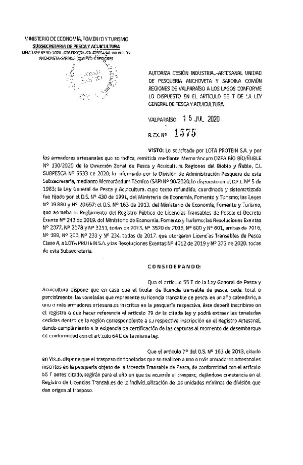 Res. Ex. N° 1575-2020 Autoriza Cesión anchoveta y sardina común Regiones Valparaíso-Los Lagos (Publicado en Página Web 17-07-2020).