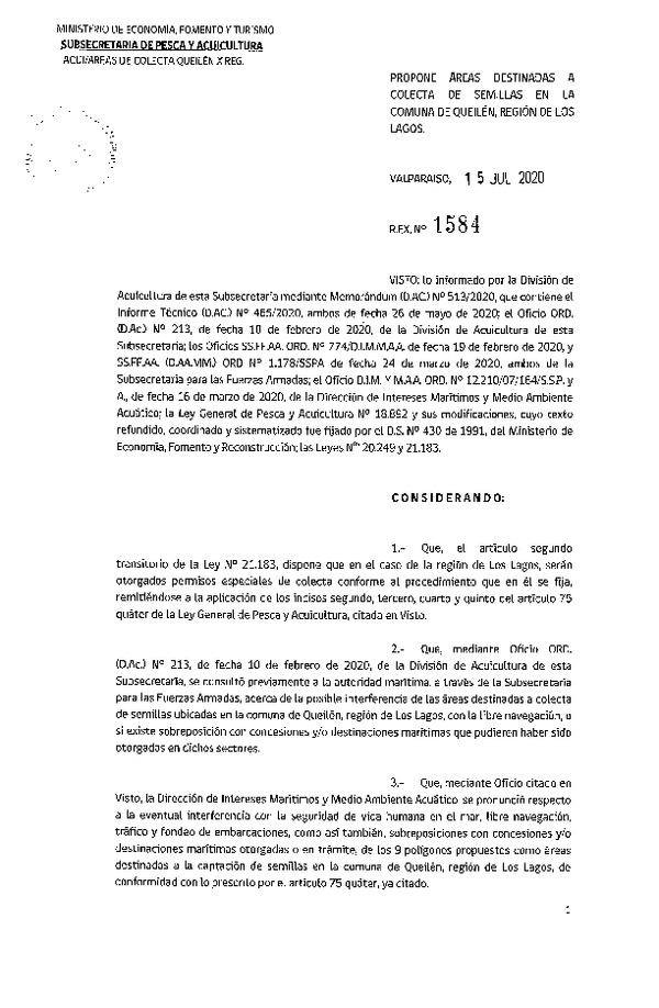 Res, Ex. N° 1584-2020 Propone Áreas Destinadas a Colecta de Semillas en la Comuna de Queilén, Región de Los Lagos. (Publicado en Página Web 17-07-2020)