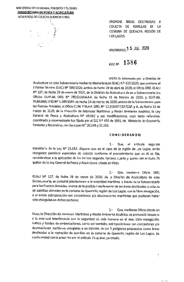 Res, Ex. N° 1586-2020 Propone Áreas Destinadas a Colecta de Semillas en la Comuna de Quemchi, Región de Los Lagos. (Publicado en Página Web 17-07-2020)