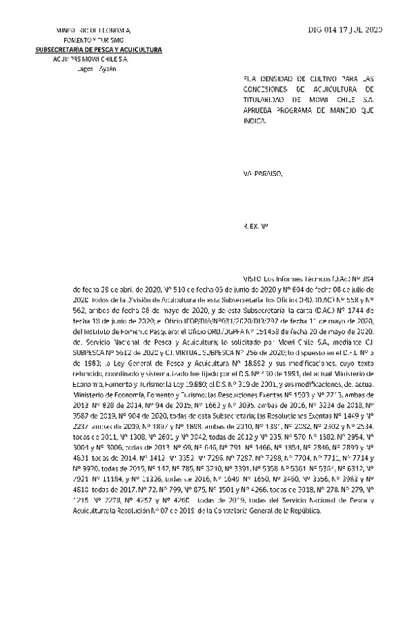 Res Ex N° 014-2020, Fija densidad de cultivo para las concesiones de acuicultura de titularidad de Mowi Chile S.A. (Publicado en Página Web 21-07-2020).