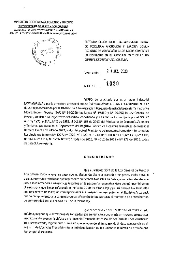 Res. Ex. N° 1629-2020 Autoriza Cesión anchoveta y sardina común Regiones Valparaíso-Los Lagos (Publicado en Página Web 27-07-2020).