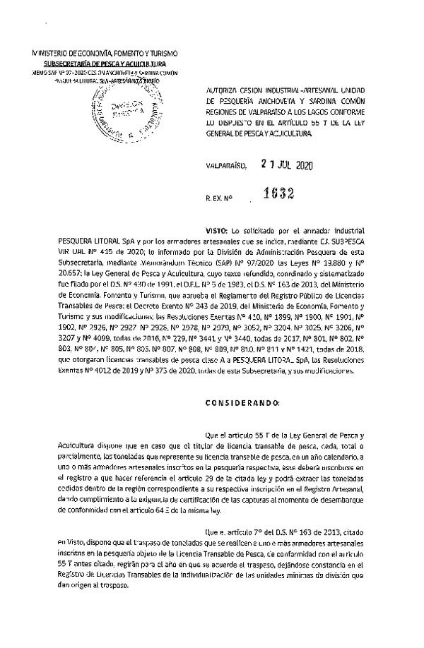 Res. Ex. N° 1632-2020 Autoriza Cesión anchoveta y sardina común Regiones Valparaíso-Los Lagos (Publicado en Página Web 27-07-2020).