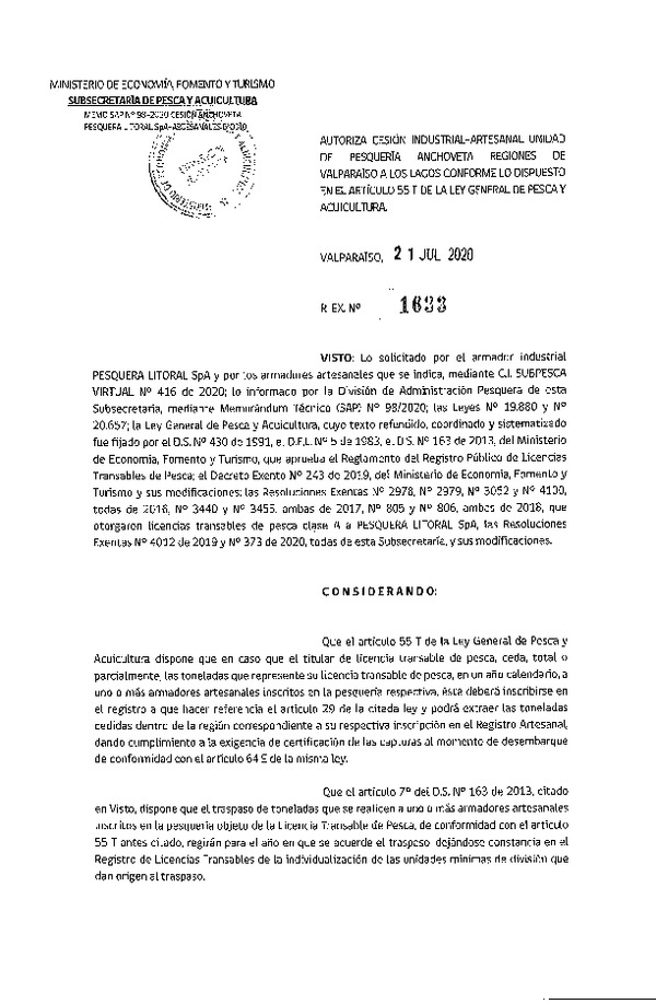 Res. Ex. N° 1633-2020 Autoriza Cesión anchoveta y sardina común Regiones Valparaíso-Los Lagos (Publicado en Página Web 27-07-2020).