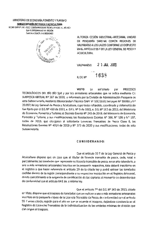 Res. Ex. N° 1638-2020 Autoriza Cesión anchoveta y sardina común Regiones Valparaíso-Los Lagos (Publicado en Página Web 27-07-2020).