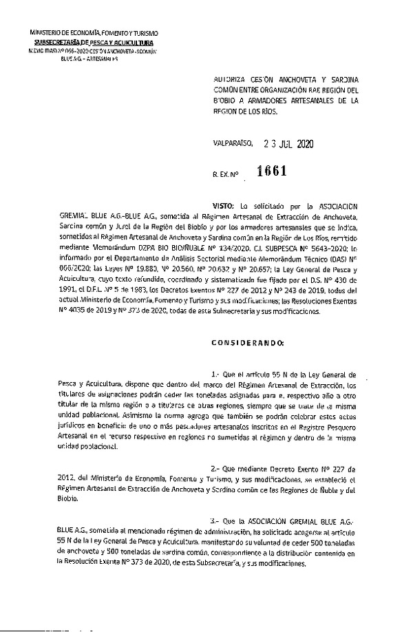 Res. Ex. N° 1661-2020 Autoriza Cesión anchoveta y sardina común Regiones del Biobío a Los Ríos. (Publicado en Página Web 29-07-2020).