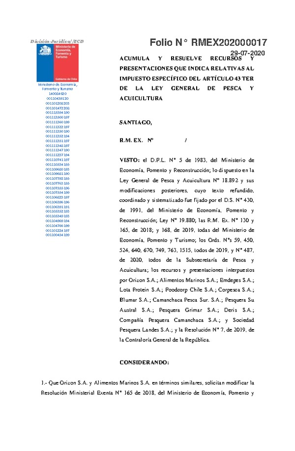 Folio N° RMEX202000017 Acumula y Resuelve Recursos y Presentaciones que Indica Relativas al Impuesto Especifico del Artículo 43 Ter de la Ley General de Pesca y Acuicultura. (Publicado en Página Web 29-07-2020)