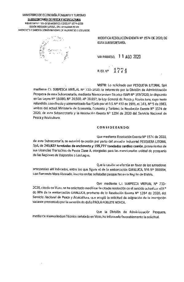 Res. Ex. N° 1774-2020 Modifica 	Res. Ex. N° 1574-2020 Autoriza Cesión anchoveta y sardina común Regiones Valparaíso-Los Lagos. (Publicado en Página Web 12-08-2020).