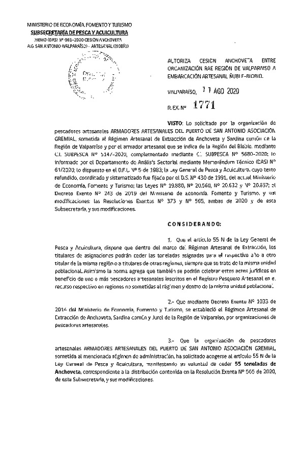 Res. Ex. N° 1771-2020 Autoriza Cesión anchoveta Regiones del Valparaíso a Ñuble-Biobío. (Publicado en Página Web 12-08-2020).