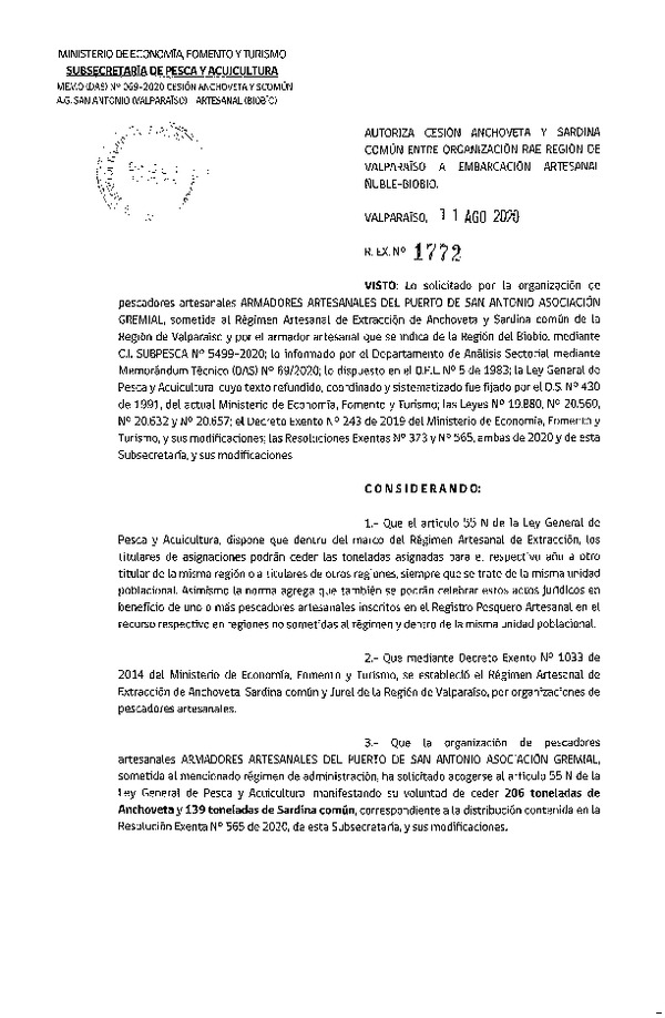 Res. Ex. N° 1772-2020 Autoriza Cesión anchoveta y sardina común Regiones del Valparaíso a Ñuble-Biobío. (Publicado en Página Web 12-08-2020).