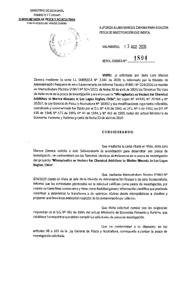 Res. Ex. N° 1804-2020 Microplastics as Vectors for Chemical Additives to Marine Mussels in Los Lagos Región, Chile. (Publicado en Página Web 17-08-2020)
