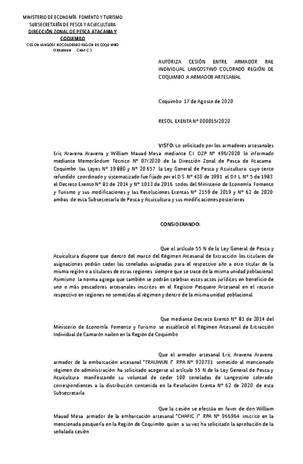Res. Ex. N° 015-2020 (DZP Atacama y Coquimbo) Autoriza Cesión Langostino Colorado, Región de Coquimbo. (Publicado en Página Web 17-08-2020)