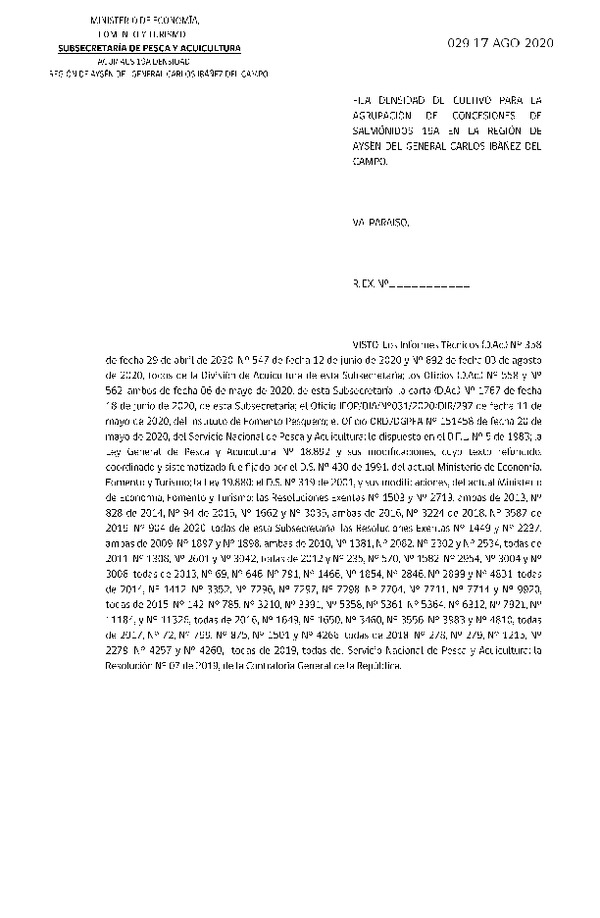 Res Ex N° DIG 029-2020, Fija densidad de cultivo para las agrupación de concesiones de salmónidos 19A. (Publicado en Página Web 18-08-2020).