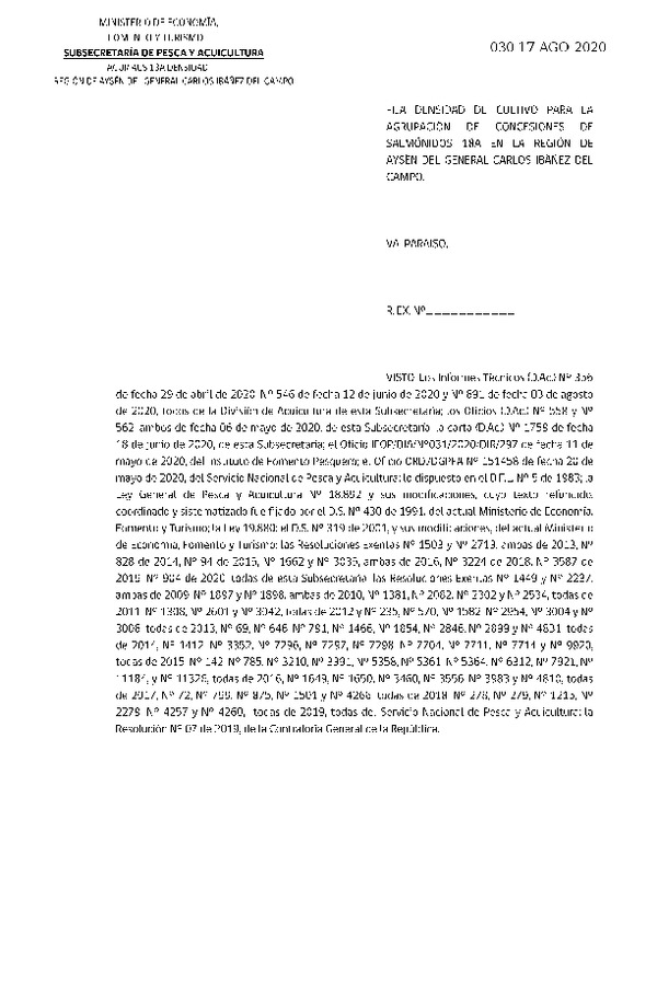 Res Ex N° DIG 030-2020, Fija densidad de cultivo para las agrupación de concesiones de salmónidos 18A. (Publicado en Página Web 18-08-2020).