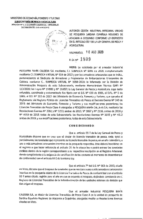 Res. Ex. N° 1809-2020 Autoriza cesión pesquería Sardina Española, Regiones de Atacama a Coquimbo. (Publicado en Página Web 18-08-2020)