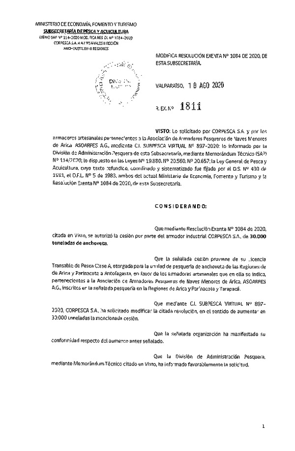 Res. Ex. N° 1811-2020 Modifica Res. Ex. N° 1084-2020 Autoriza cesión pesquería Anchoveta, Regiones de Arica y Parinacota a Antofagasta. (Publicado en Página Web 18-08-2020)