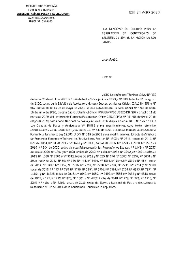 Res Ex N° DIG 038-2020, Fija densidad de cultivo para las agrupación de concesiones de salmónidos 10A. (Publicado en Página Web 25-08-2020).