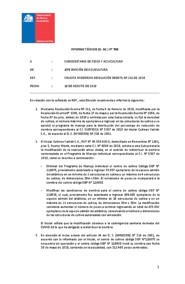 INFORME TÉCNICO (D. AC.) N° 746  MODIFICA RESOLUCIÓN EXENTA Nº 211 DE 2020.