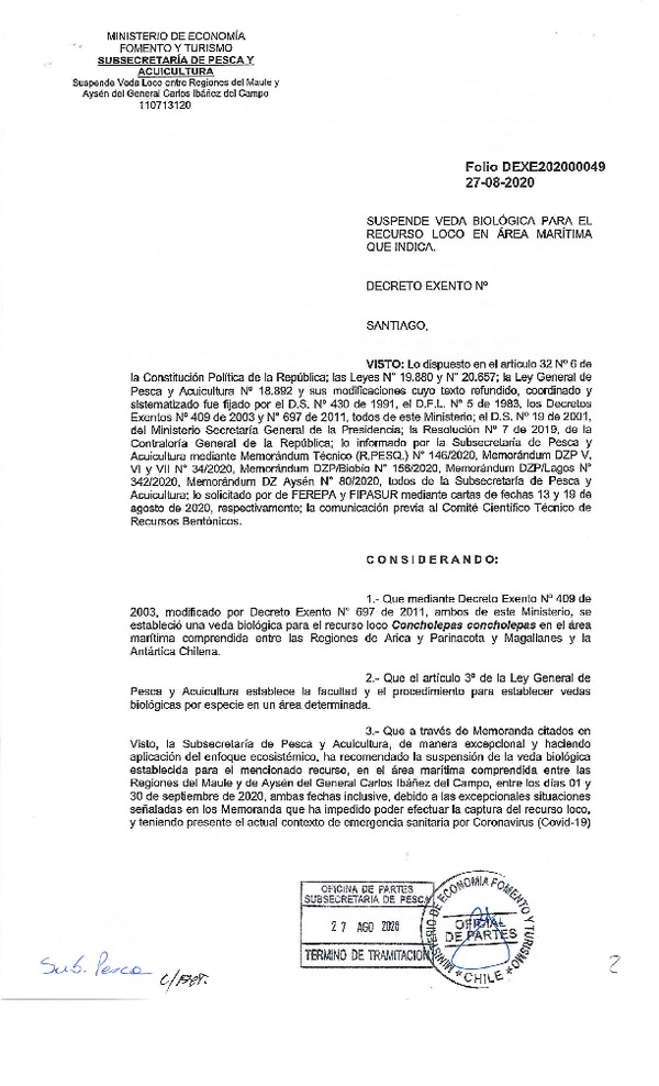 Dec. Ex. N° 049-2019 Suspende Veda Biológica para el Recurso Loco, Entre las Regiones del Maule y de Aysén. (Publicado en Página Web 27-08-2020)