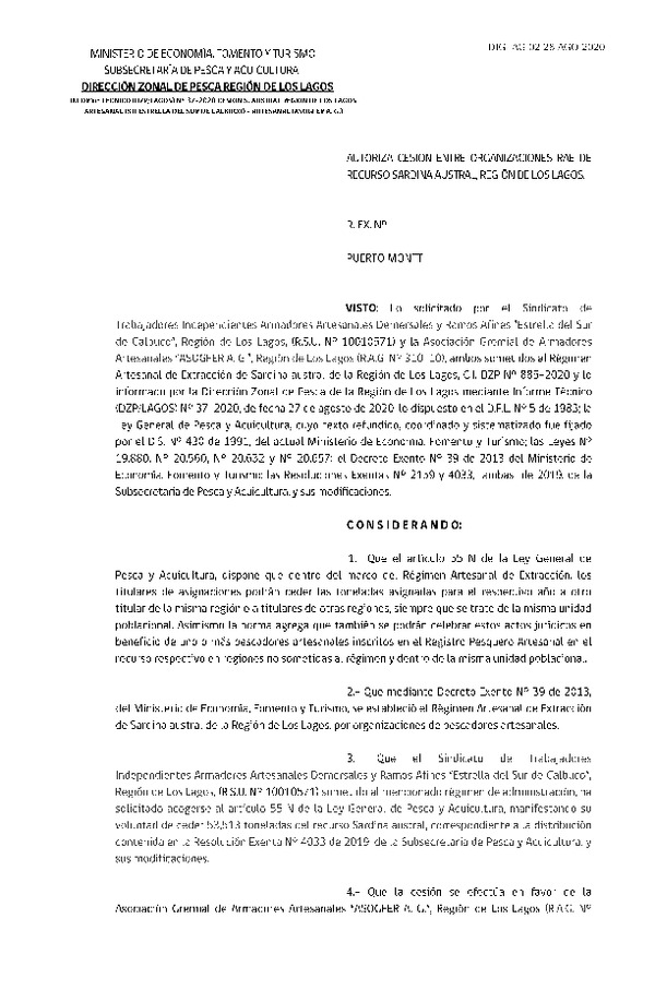 Res. Ex. DIG N° 02-2020 (DZP Los Lagos) Autoriza cesión sardina austral Región de Los Lagos. (Publicado en Página Web 28-08-2020)