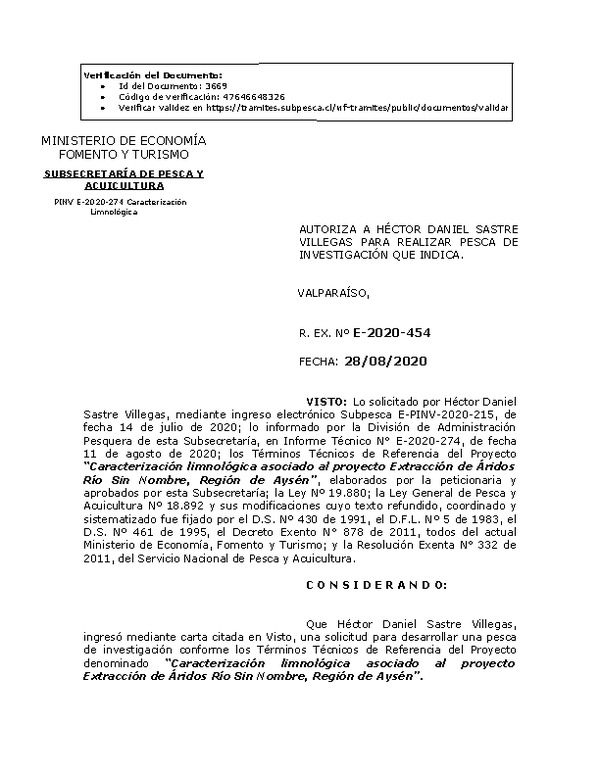 R. EX. Nº E-2020-454 Caracterización limnológica asociado al proyecto Extracción de Áridos Río Sin Nombre, Región de Aysén. (Publicado en Página Web 31-08-2020)