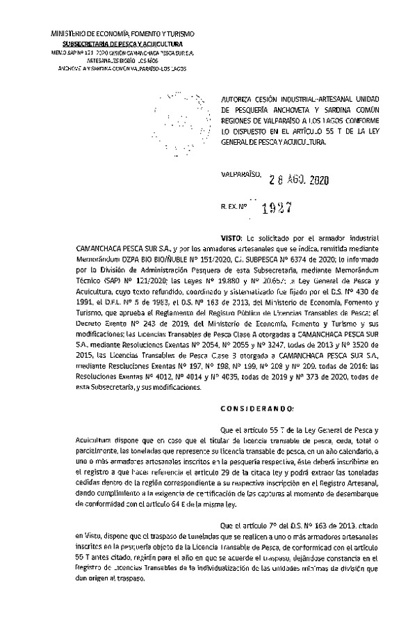 Res. Ex. N° 1927-2020 Autoriza Cesión anchoveta y sardina común Regiones Valparaíso-Los Lagos (Publicado en Página Web 02-09-2020).
