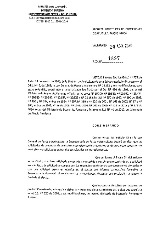 Res. Ex. N° 1897-2020 Rechaza solicitudes de relocalización de concesiones de acuicultura que indica.