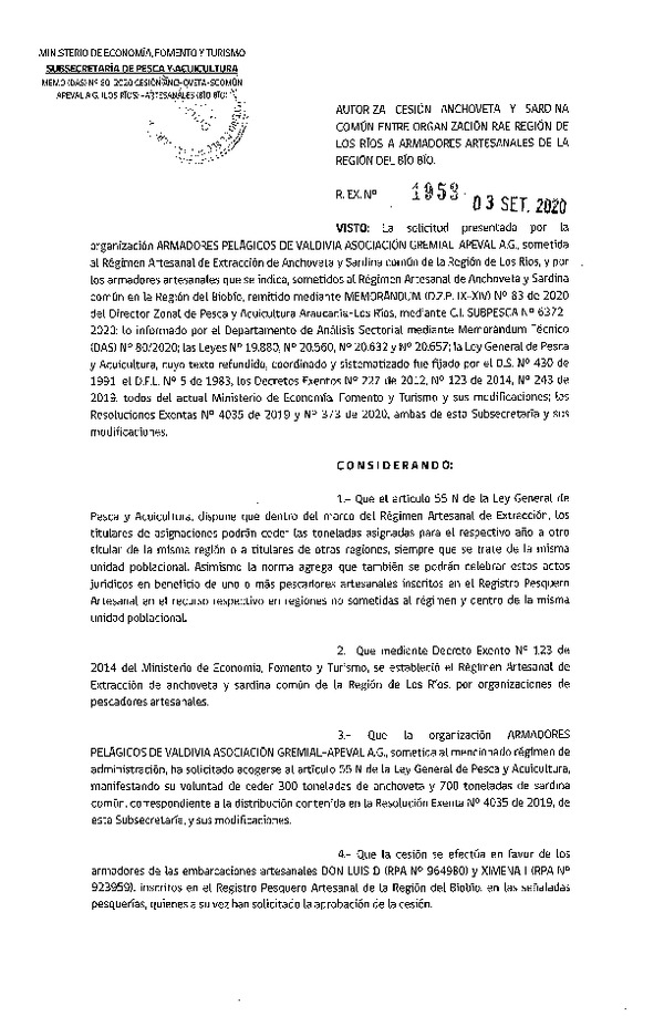 Res. Ex. N° 1953-2020 Autoriza Cesión anchoveta y sardina común Regiones del Los Ríos a Biobío. (Publicado en Página Web 04-09-2020).