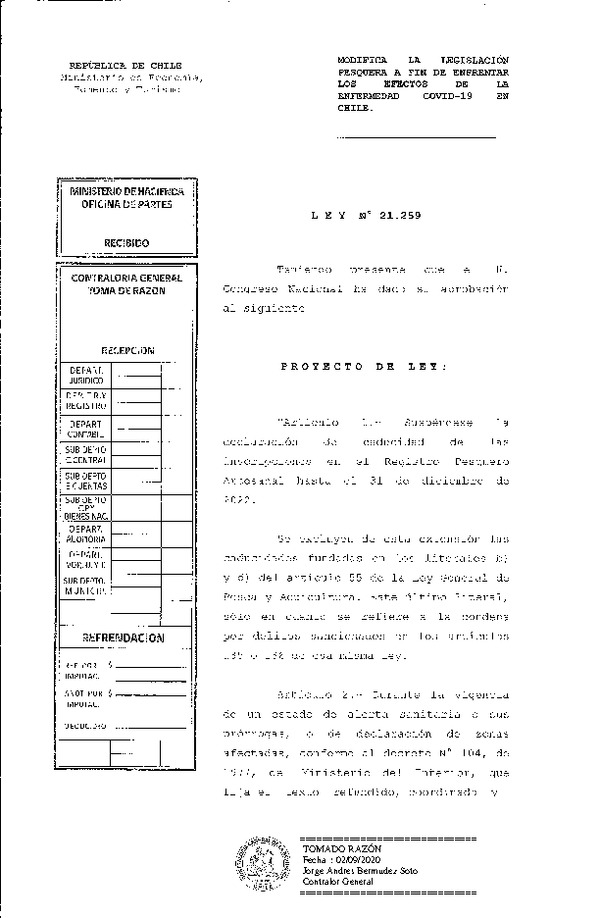 Ley N° 21.259 Modifica la Legislación Pesquera a Fin de Enfrentar los Efectos de la Enfermedad Covid-19 en Chile. (Publicado en Página Web 08-09-2020) (F.D.O 08-09-2020)