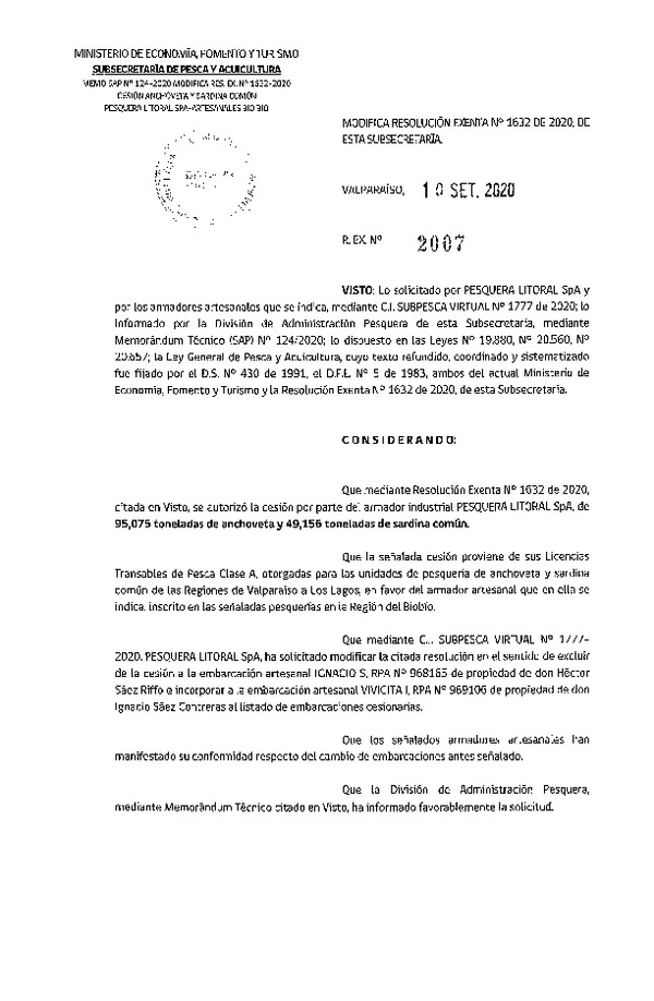 Res. Ex. N° 2007-2020 Modifica Res. Ex. N° 1632-2020 Autoriza Cesión anchoveta y sardina común Regiones Valparaíso-Los Lagos (Publicado en Página Web 10-09-2020).