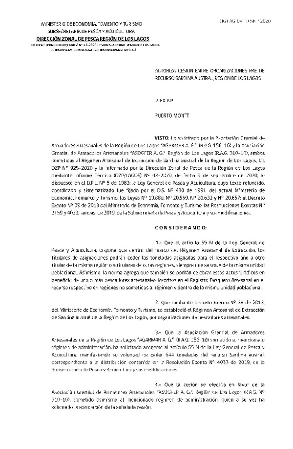 Res. Ex. DIG N° 04-2020 (DZP Los Lagos) Autoriza cesión sardina austral Región de Los Lagos. (Publicado en Página Web 10-09-2020)