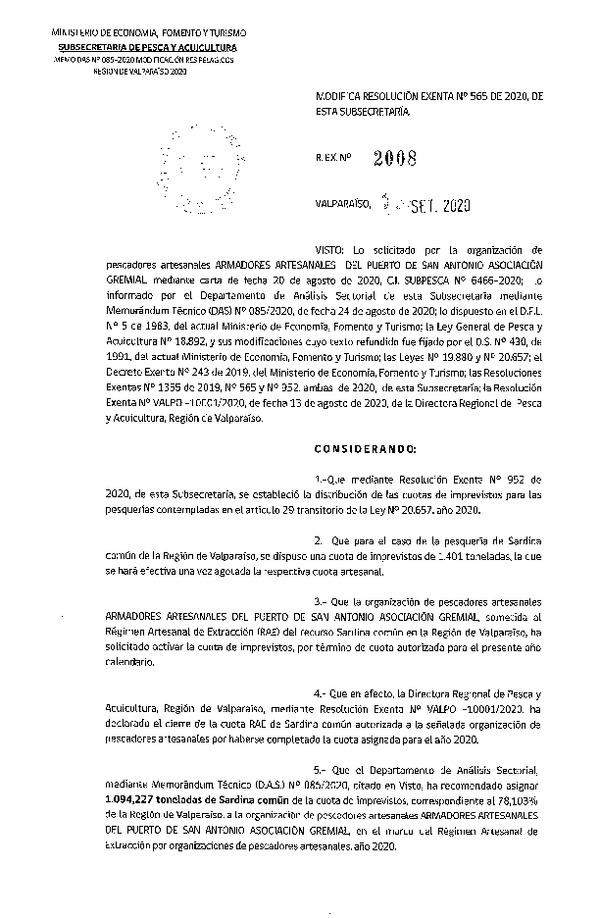 Res. Ex. N° 2008-2020 Modifica Res Ex N° 565-2020, Distribución de la fracción artesanal de pesquería de Anchoveta, Sardina Común y Jurel en la Región de Valparaíso, año 2020 (Publicado en Página Web 16-09-2020)