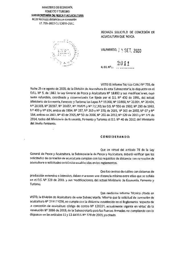 Res. Ex. N° 2011-2020 Rechaza solicitud de concesión de acuicultura que indica.