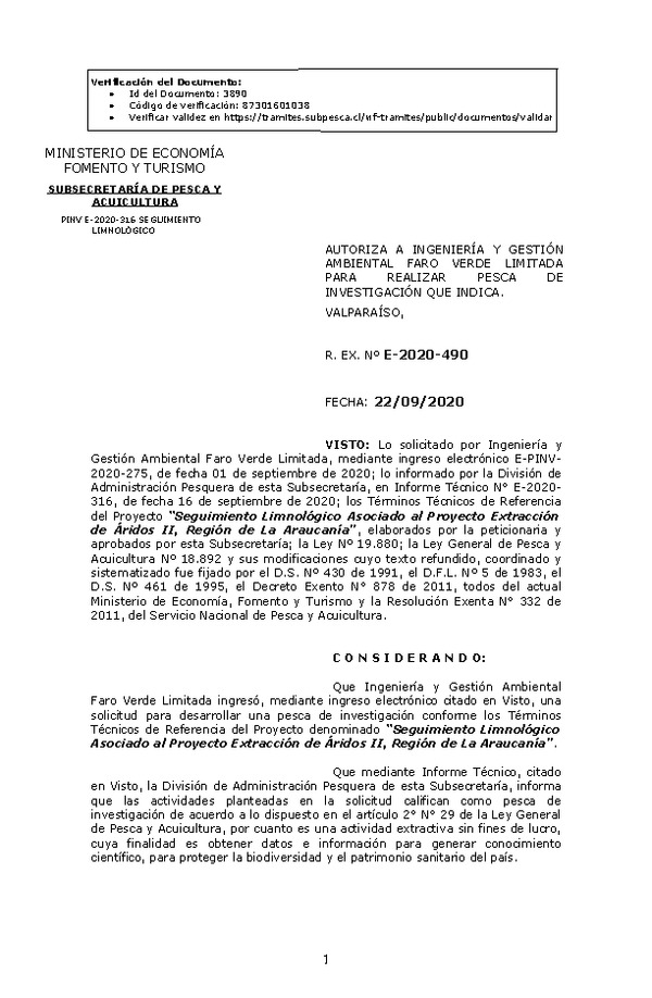 R. EX. Nº E-2020-490 Seguimiento Limnológico Asociado al Proyecto Extracción de Áridos II, Región de La Araucanía. (Publicado en Página Web 23-09-2020)
