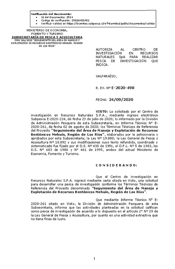 R. EX. Nº E-2020-498 Seguimiento del Área de Manejo y Explotación de Recursos Bentónicos Mehuín, Región de Los Ríos. (Publicado en Página Web 28-09-2020)