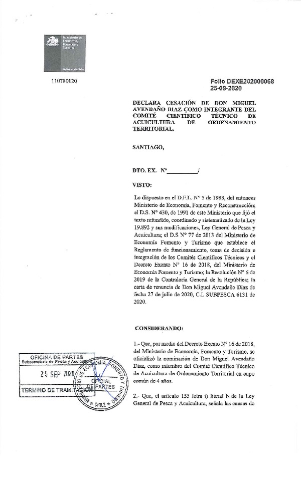 Dec. Ex. Folio 202000068 Declara Cesación de Don Moguel Avendaño Diaz como Integrante del Comité Científico de Acuicultura de Ordenamiento Territorial. (Publicado en Página Web 30-09-2020)