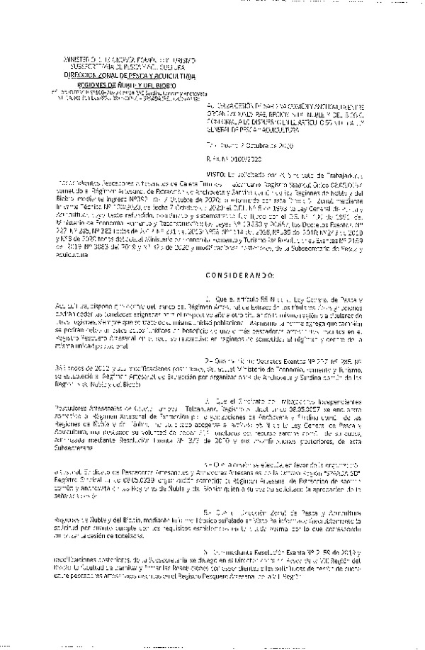 Res. Ex. N° 100-2020 (DZP Ñuble y del Biobío) Autoriza cesión Sardina Común y Anchoveta Región de Ñuble-Biobío (Publicado en Página Web 08-10-2020)