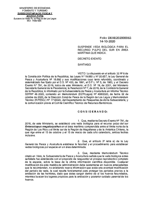 Dec. Ex. Folio 202000083 Suspende Veda Biológica Para el Recurso Pulpo del Sur, Región de Los Lagos. (Publicado en Página Web 14-10-2020)